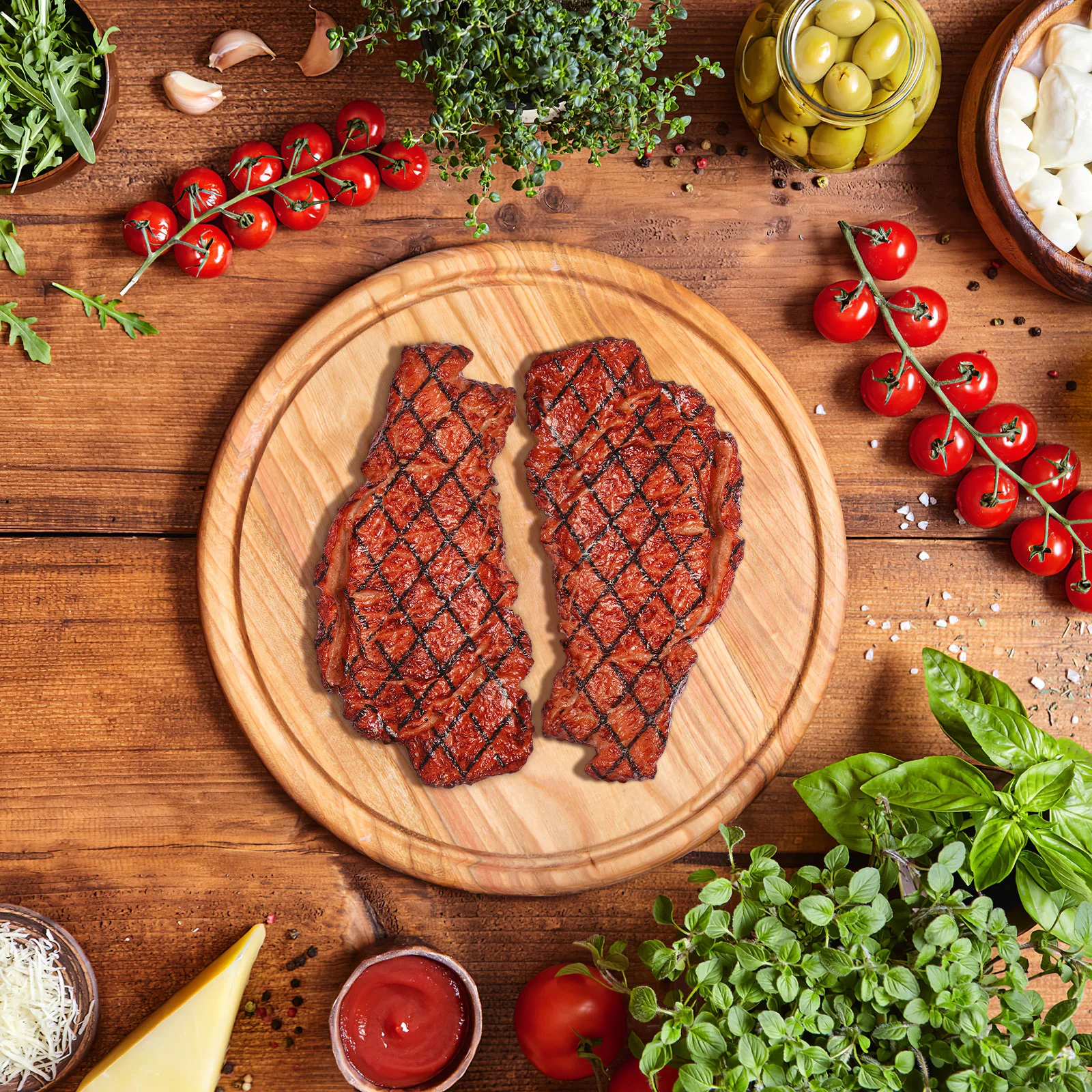 2-teiliges Rindfleisch, simuliertes Steakmodell, künstliches Essen für Kinder, Kunststoff, gekocht