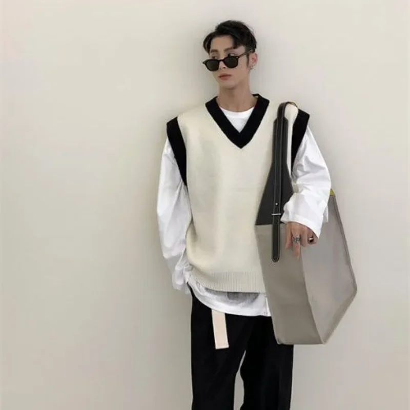 Man Clothes Patchwork Waistcoat Knitted Sweaters for Men Sleeveless Vest V Neck Beige Cotton Pull Oversize Old Fashion 2024 S X