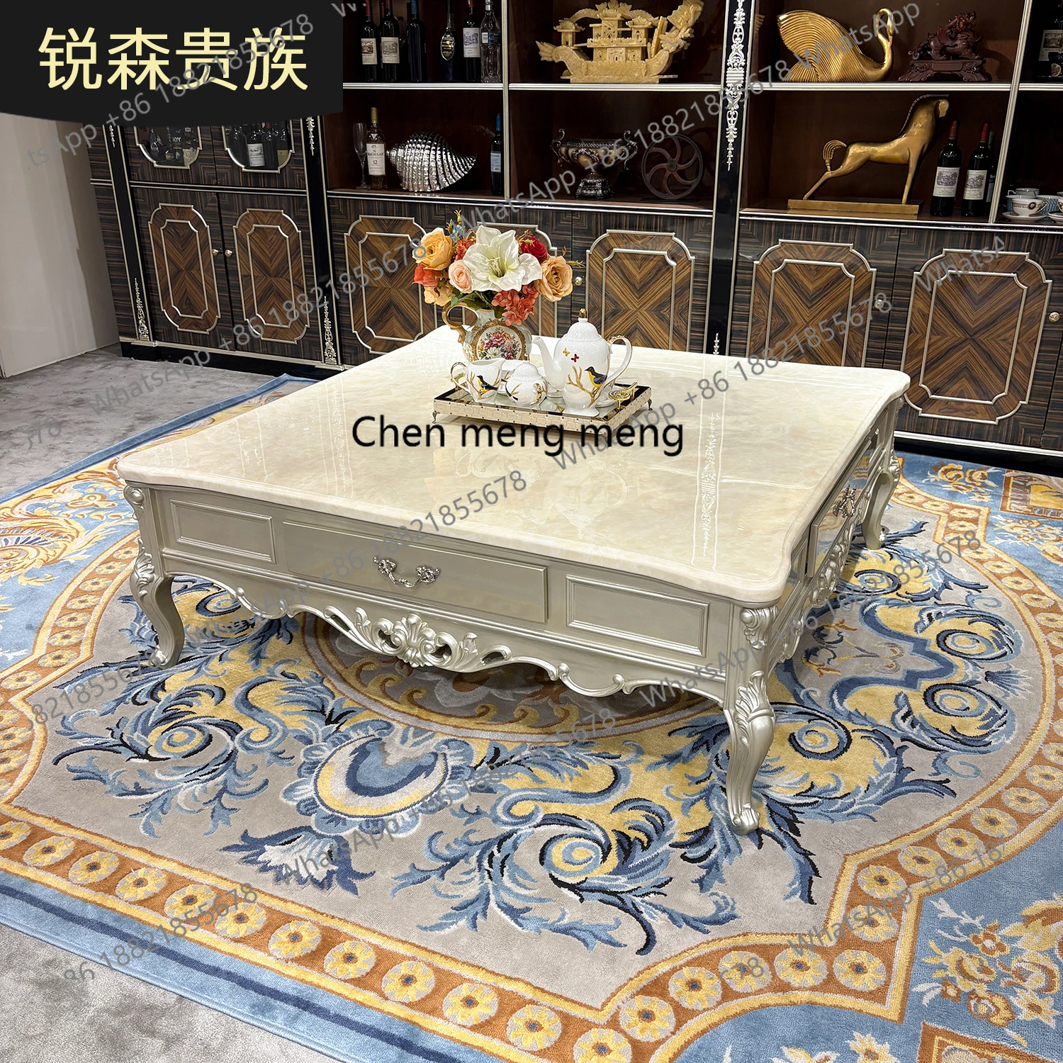 

French solid wood square court luxury villa living room with drawers marble large coffee table