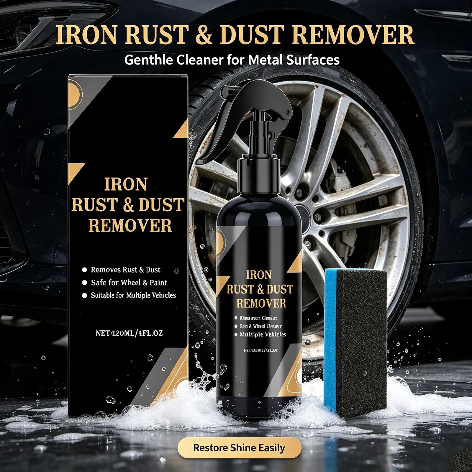 Iron Rust & Dust Remover Spray with Sponge,Remove Metal Rust Spot Car Detailing Cleaning Kit for Truck Wheels Restores Glossy