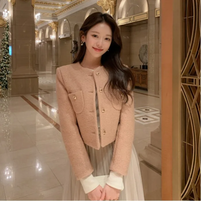 

Корейское шерстяное пальто для женщин на раннюю весну, новинка, с круглым вырезом, длинными рукавами, универсальное, молодежное, модное, класса люкс, ветрозащитное