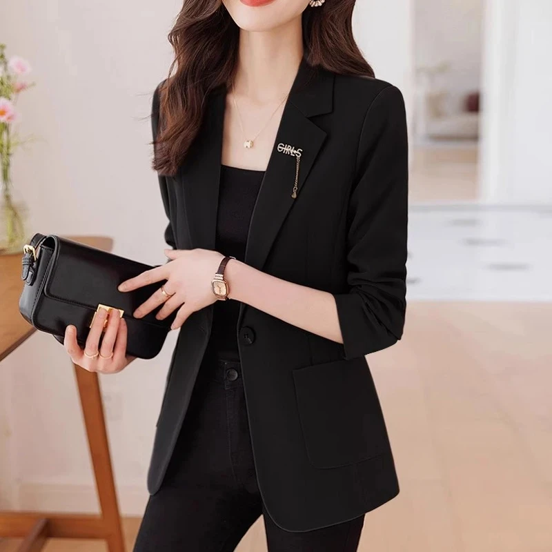 Women's Suits Jacket Spring Autumn NEW Korean Slim Single Buckle Blazer Female Elegant Notched Collar Blazers Lined Top