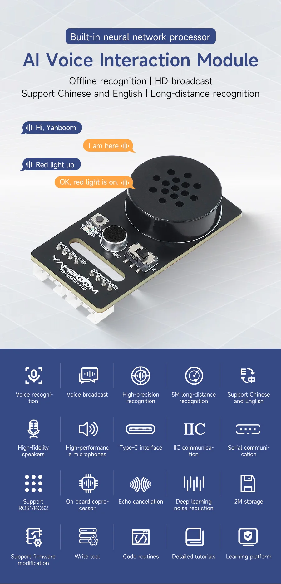 Yahboom AI Spracherkennungsmodul, Sprachübertragung, benutzerdefinierte Wake-Wörter, Züge, Interaktionsmodell, programmierbares Sound-Sensor-Kit – Detail 1