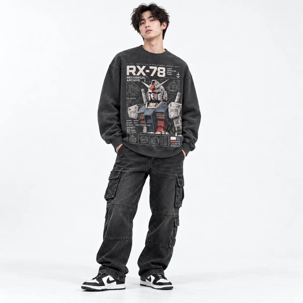 Men Gundam RX-78-2 Sweatshirt Washed Vintage Mobile Suit Front Back Blueprint Print O Neck Streetwear Pullover Tops