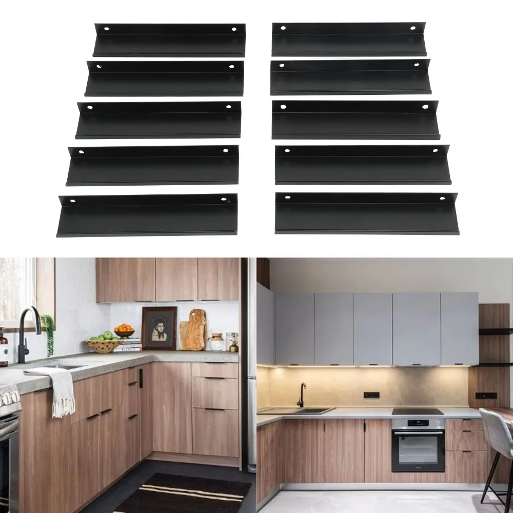 10pcs Modern Aluminium Alloy Cabinet Edge Pulls Black Concealed Mount Drawer Pull Handles Finger Pull Door Handles Kitchen