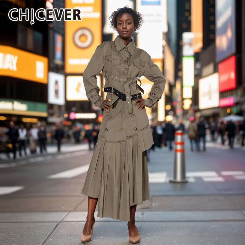 

CHICEVER Streetwear Casual 2 Piece For Women Lapel Long Sleeve Spliced Belt Crop Jacket High Waist Asymmetrical Skirt Set Female