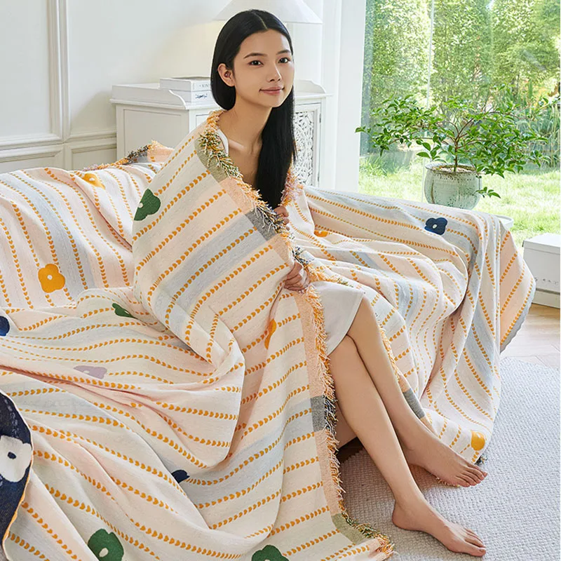 Ins Style Printed Fringe Sofa Towel Multi Functional Shawl Knee Blanket for Office Home Comfort All Inclusive Corner Couch Cover