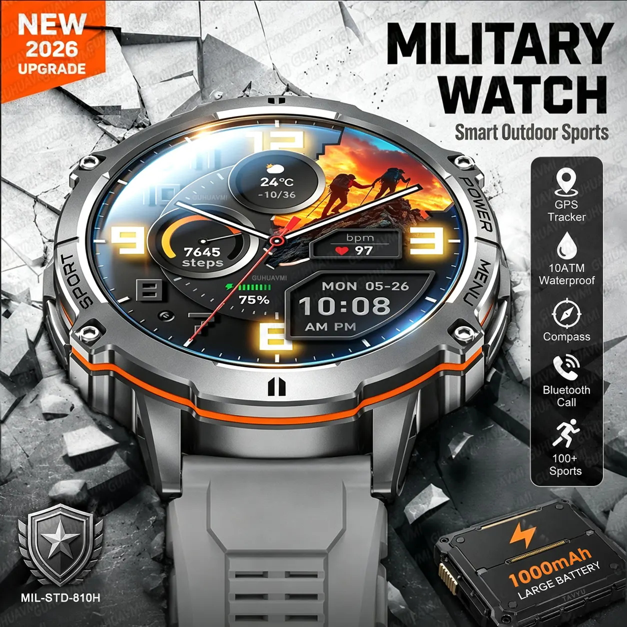2026New 100M Waterproof Swim Smartwatch 1.73'' Large Screen 1000mAh Battery GPS Tracker Bluetooth Call Sports Smart Bracelet Men