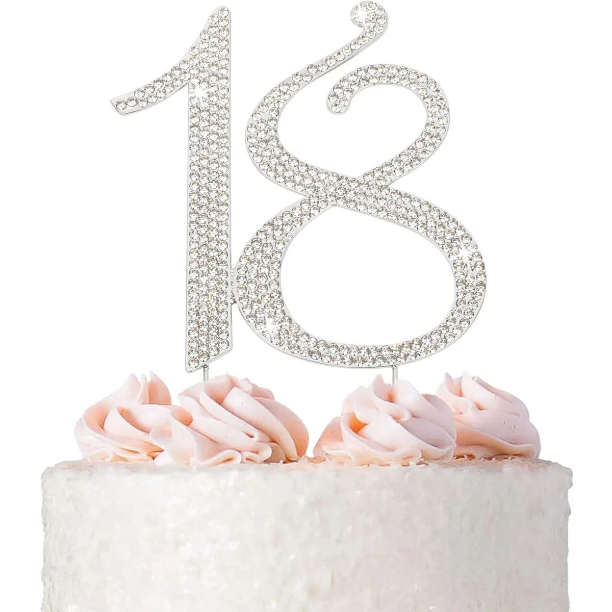 18 Cake Topper - Premium Silver Metal - 18th Birthday Party Sparkly Rhinestone Decoration Makes a Great Centerpiece