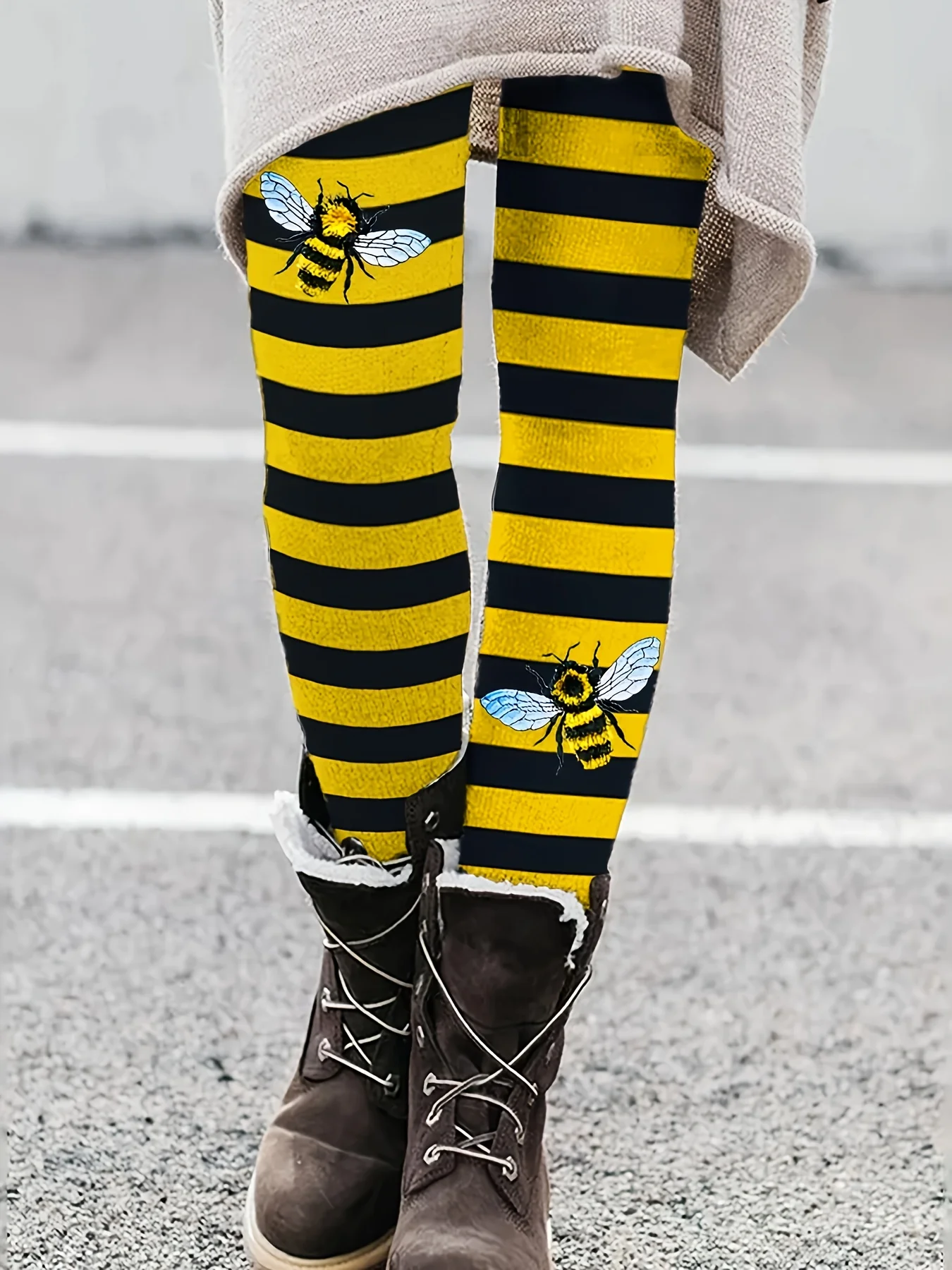 Women's Mid‑Rise Fleece Lined Leggings Yellow Black Stripe Cute Bee Print Stretch Warm Ladies Casual Pants