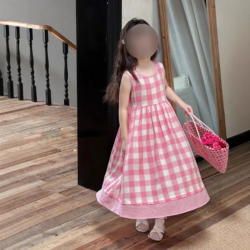 

RAISE Children Girl Dress Summer Pink Plaid Kid Baby Girl Sleeveless Dress Round Collar Casual Dress for Little Girl Belle Dress