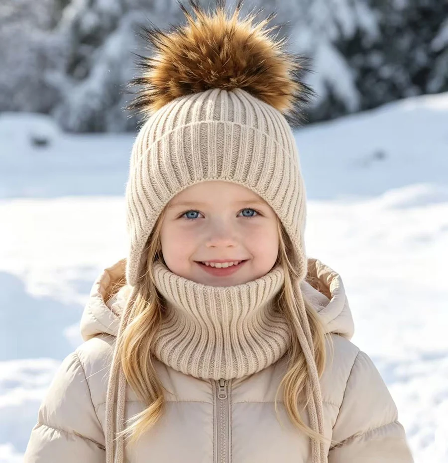 Winter-Wollmütze mit Nackenschutz 2-teiliges Set Echte Fuchsfell-Mütze für Kinder Jungen Mädchen Dicke Fleece Warme Gestrickte Gestreifte Ohrenklappe Baby Skullies Mütze – Detail 1
