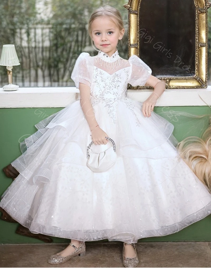 فستان الأميرة بطول الكاحل للفتيات برقبة عالية وأكمام قصيرة فستان فتاة الزهور مطرز بالدانتيل لحفلات أعياد الميلاد مخصص