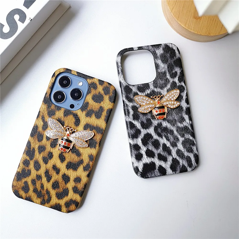 

Luxury Animal Leather Leopard Print Diamond Bee Female Hard Case For Iphone 15 14 11 12 13 Pro Max Cover Fundas