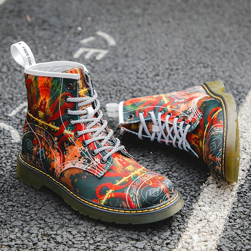 Men's shoes Chinese mythology Monkey King graffiti canvas boots High top handmade men's boots Punk youth motorcycle boots