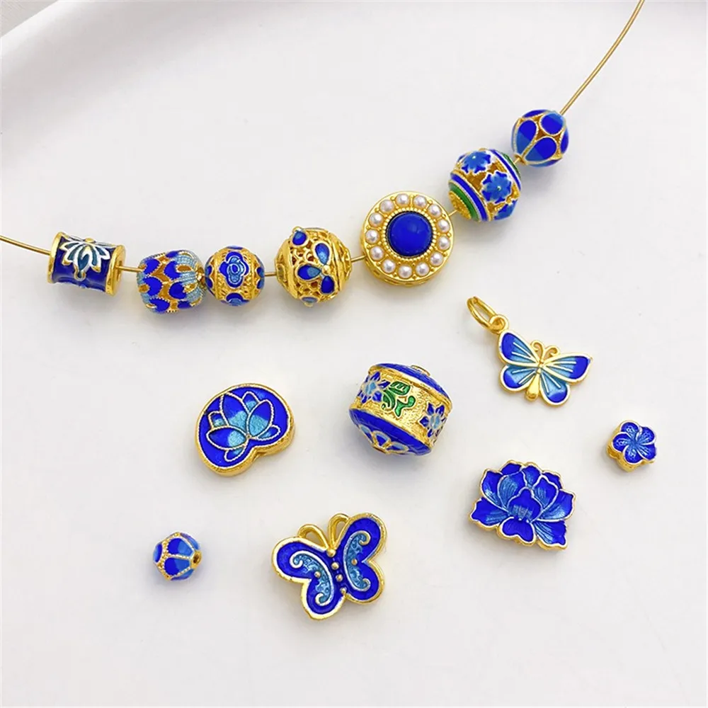 18K Cloisonne Burnt Blue Lotus Butterfly Flower Separated Bead Scattered Beads Handmade DIY Beaded Bracelet Necklace Accessories