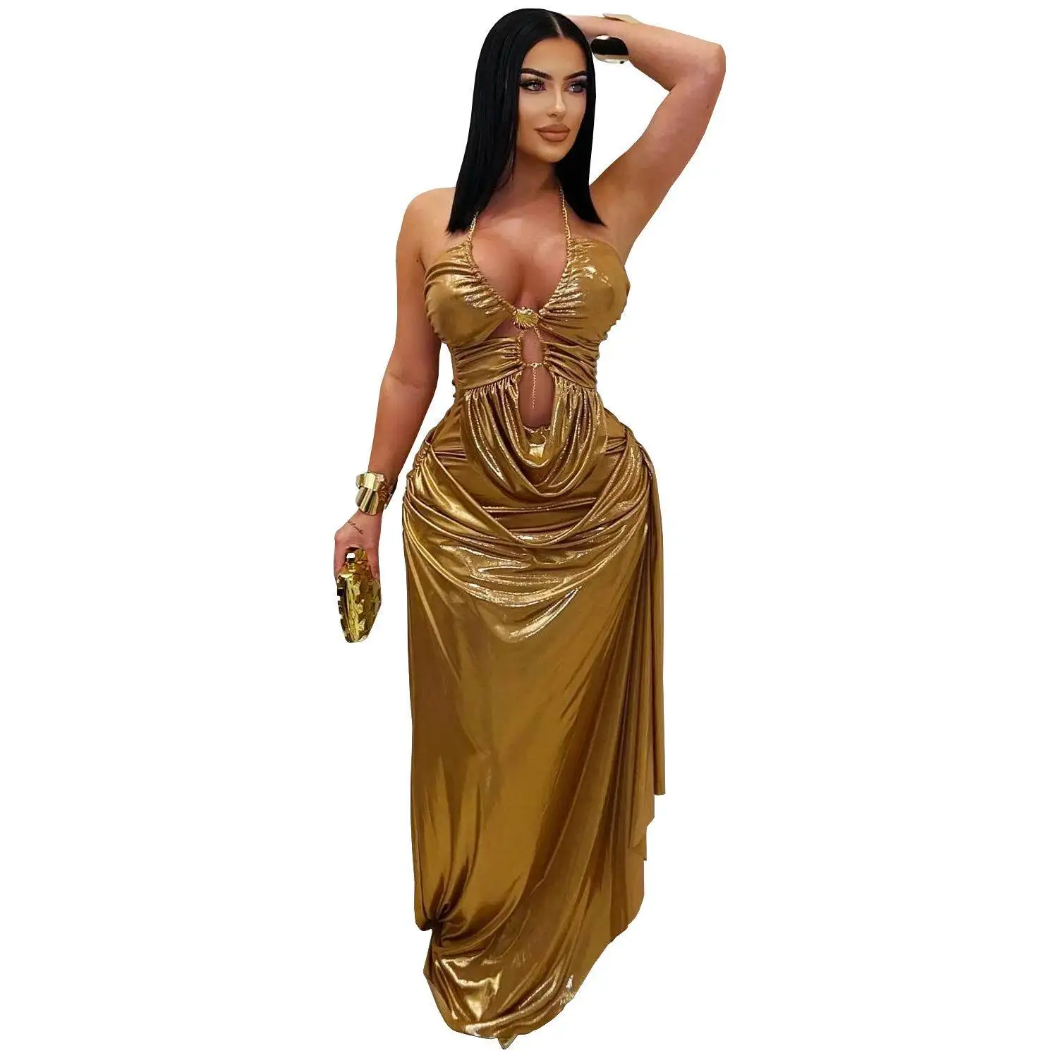Fashionable Sexy Off-Shoulder Pleated Sleeveless Women's Dress Gold Chain Strap Cross-Border Autumn Season Chinese Origin - view 4