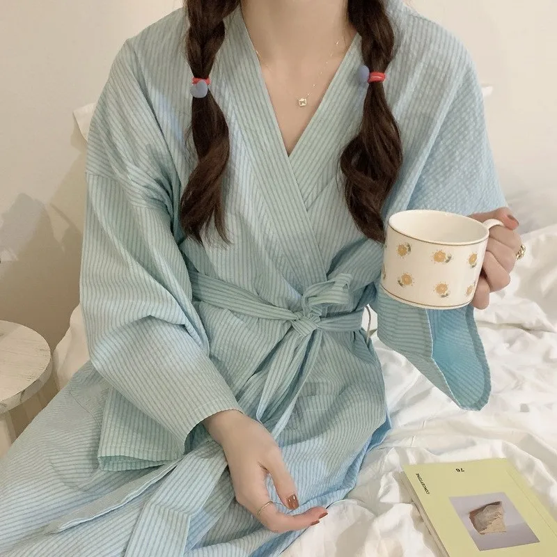New Spring New Striped Nightgown Loungewear From South Korea Breathable Loose Fit Long Bathrobe with Belt One Size Cotton Cozy