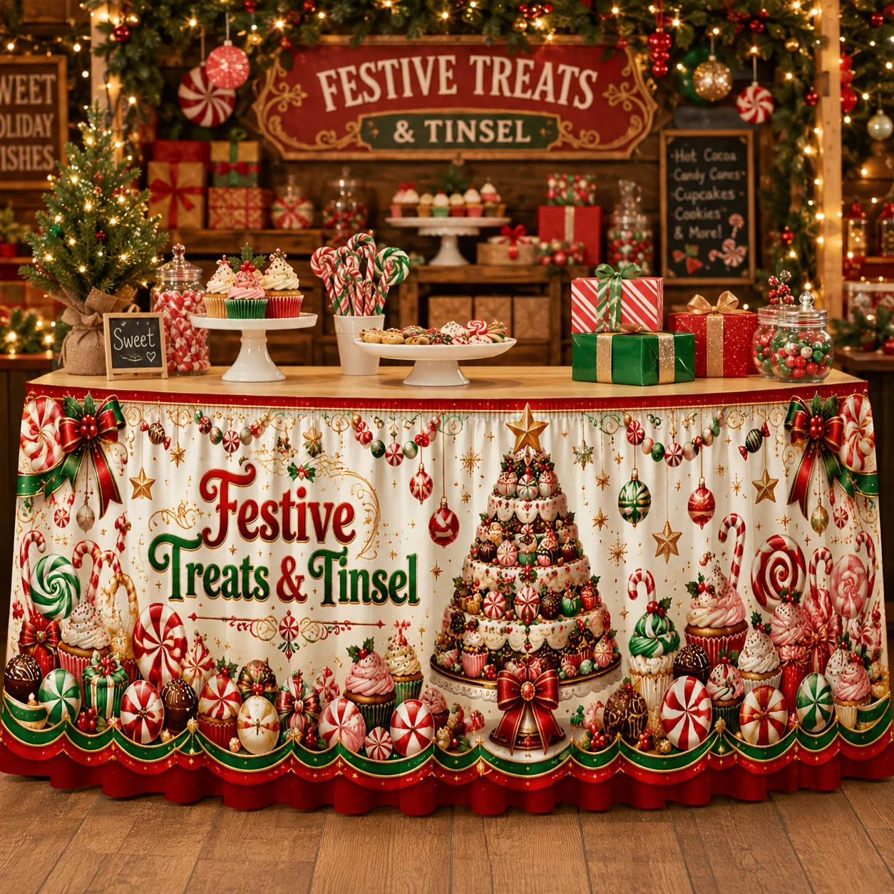 One tablecloth or table skirt - Christmas festival dessert walking stick candy cupcake decoration bow tie winterzyc