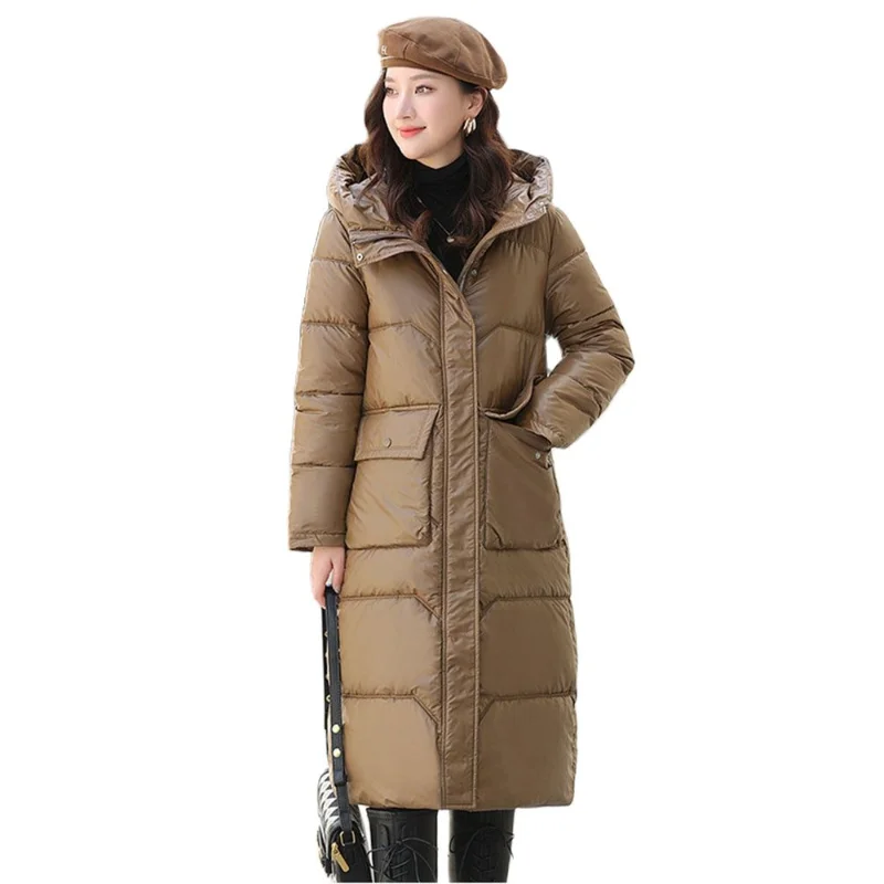 2023 glänzende Winter jacke Mantel Frauen Kapuzen mantel dicken warmen langen Parka weibliche Daunen Baumwolle gepolsterte Jacke losen wind dichten