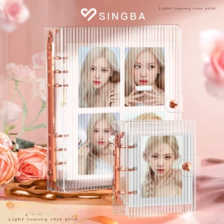 SINGBA Rose Gold Crystal Photo Album Glitter Vertical Stripe 3 Inch 4/1 Grid Binder | for Polaroid Instax Mini, Kpop Photocards