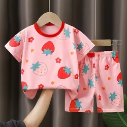 Summer Girl's Short Sleeved Suit Strawberry Print Cotton Children Girls Sleepwear T-shirt+shorts 2Pcs Kids Sets Pyjamas 1 2 3 4T