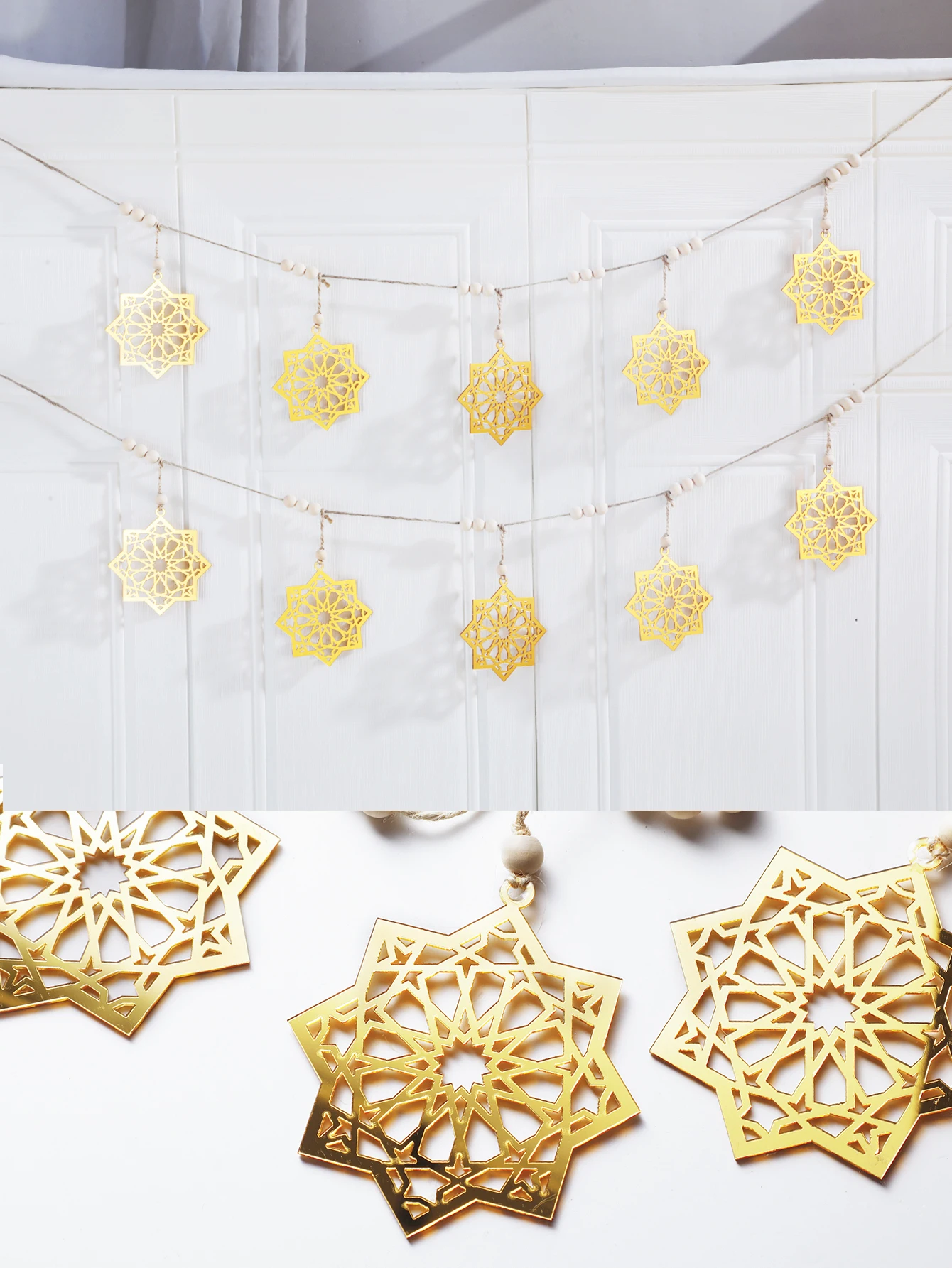 Eid 8-Pointed Star Acrylic Flag with Wooden Beads，Eid Mubarak Banner，Happy Ramadan Ornaments，muslim decor Country Rustic Decor