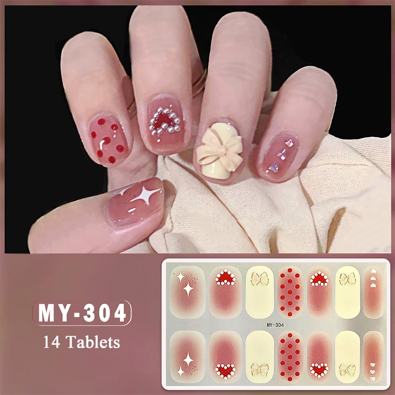 14Tips Glitter Bowknot Full Cover Nail Stickers Shiny Flowers Adhesive Press on Nail Decals Manicure DIY Full Cover Nail Wraps