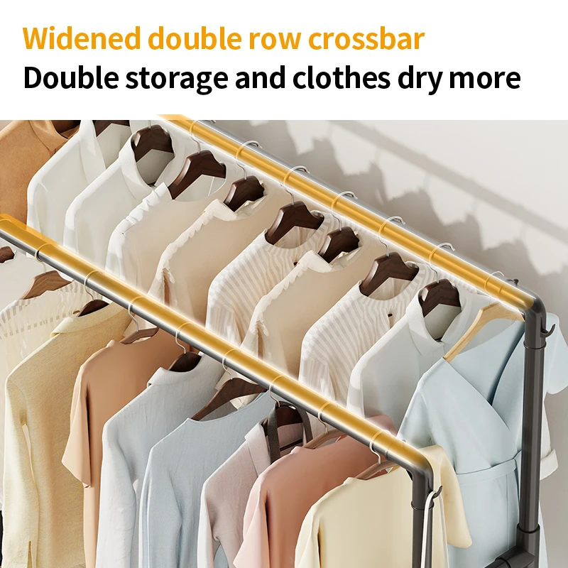 New Design Floor-Standing Metal Cloth Rack with PP Bottom Indoor/Outdoor Rust-proof Double Rod Coat Stand Clothes Drying