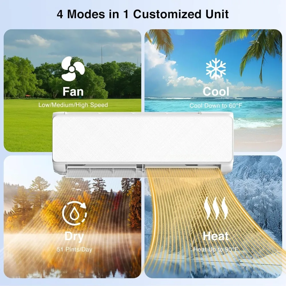 12000 BTU Mini Split Air Conditioner & Heating System, Wifi, Remote Control, Low Noise, 22 SEER2 Energy Efficient 115V AC Unit