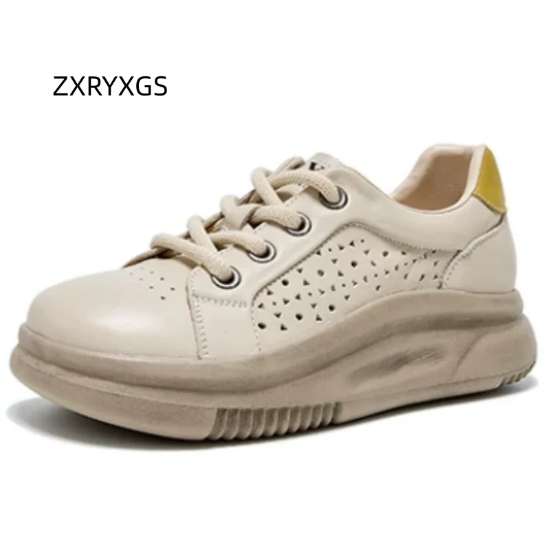 ZXRYXGS 2026 New Trendy Top Cowhide Leather Sneakers Thick Sole Increase Shoes Hollow Breathable Spell Colors Casual Sneakers