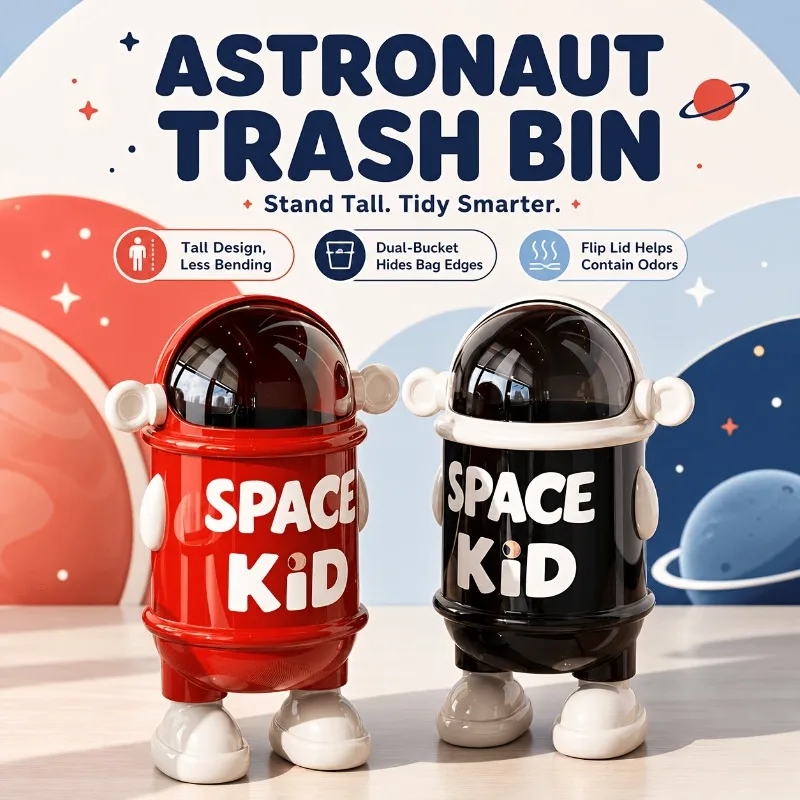 Astronaut Cartoon Flip Trash Can Wastebasket Recycle Bin Kitchen Garbage Cube Food Waste Bathroom Accessories Home Supplies Gift