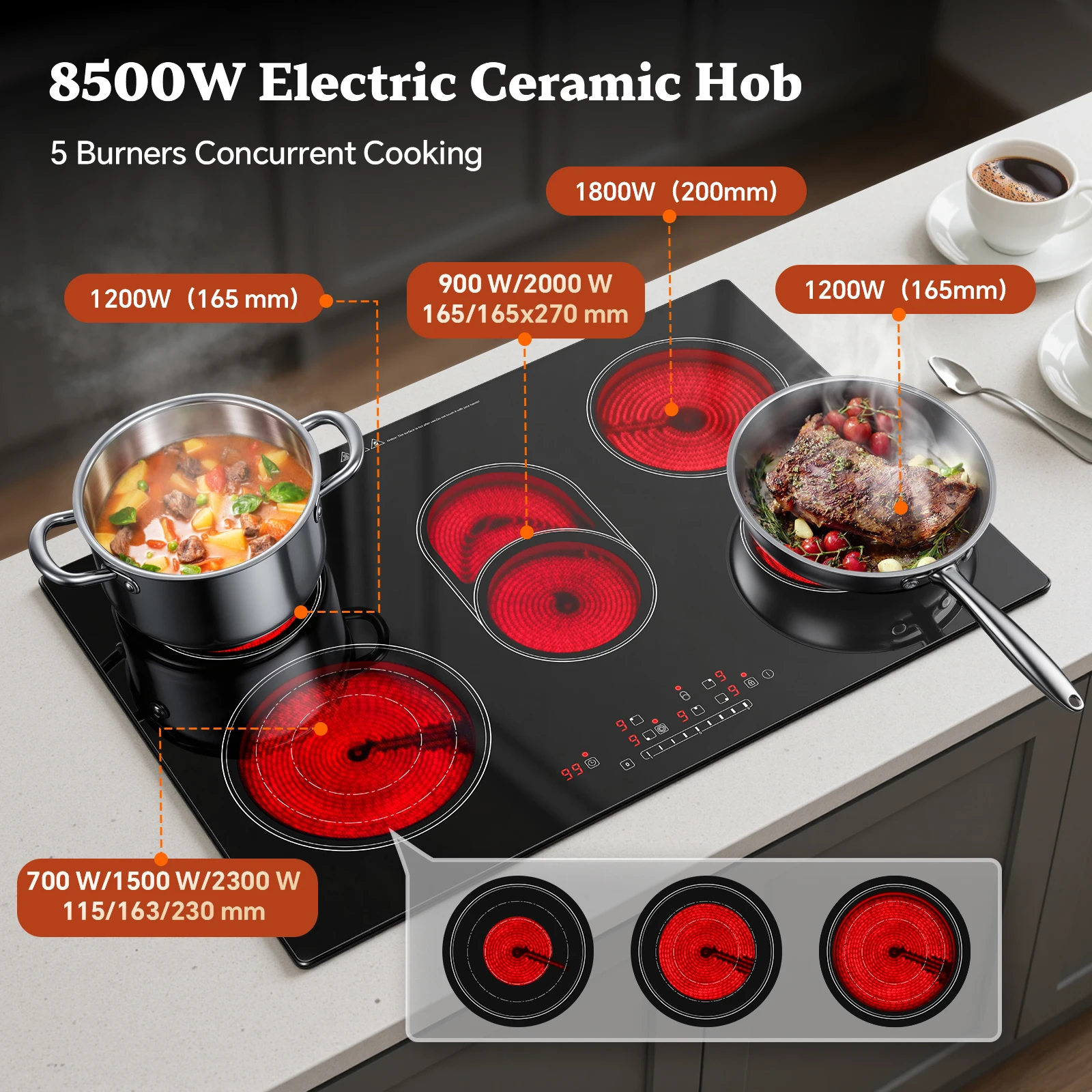 KICHPOWER 77 سم 5-Zone موقد سيراميك كهربائي 8500 وات مع تحكم باللمس وقفل أمان #2