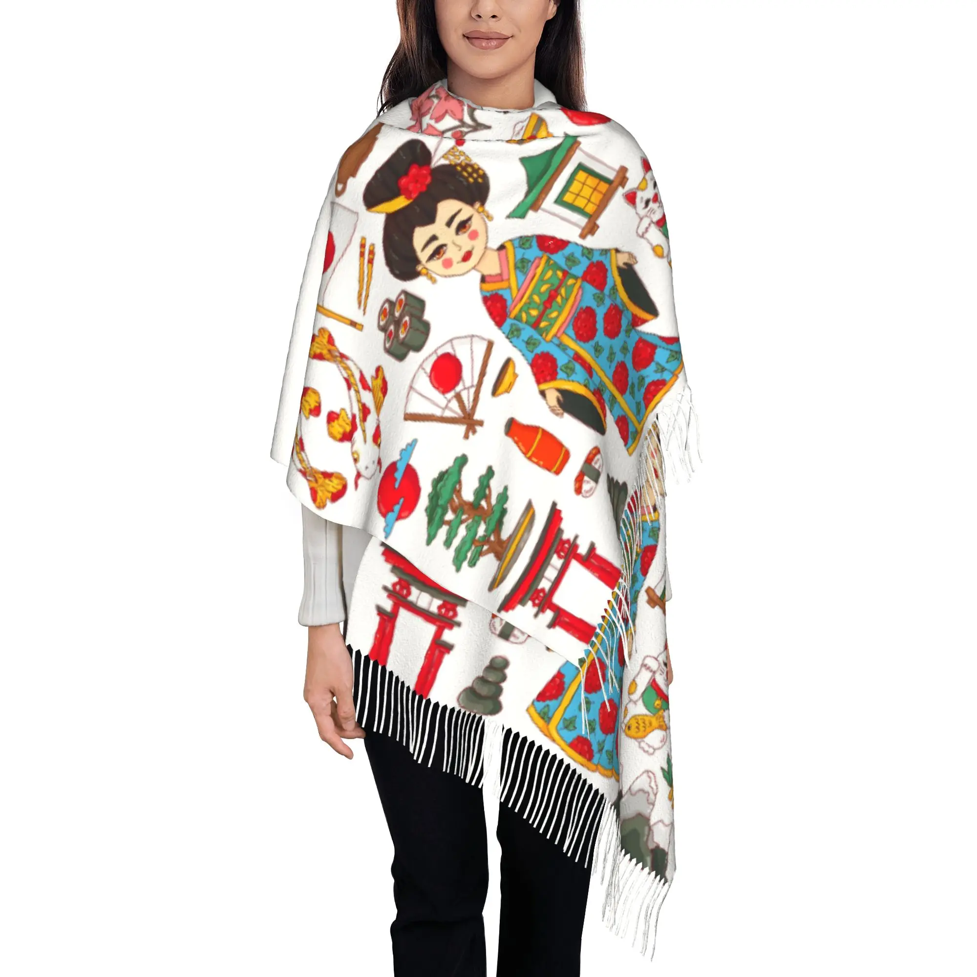 Custom Printed Japanese Geisha Kimono Koi Oriental  Scarf  Men Women Winter Warm Scarves  Shawls Wraps