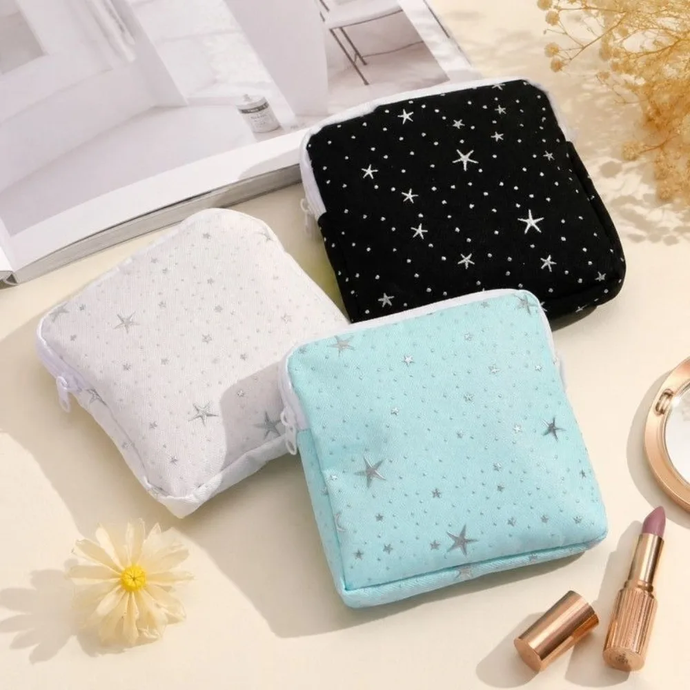Silver Star Print Sanitary Pad Pouch Zipper Closure Portable Feminine Period Pouch Sanitary Napkin Storage Bag Women Girls