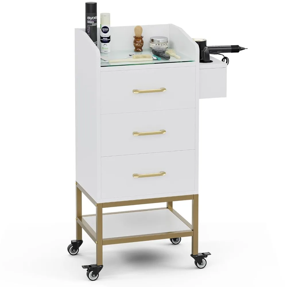 محطة صالون مكونة من 4 طبقات لمصفف الشعر، محطة تخزين حلاقة بيضاء مع سطح زجاجي، 3 أدراج، حاملات مجفف الشعر