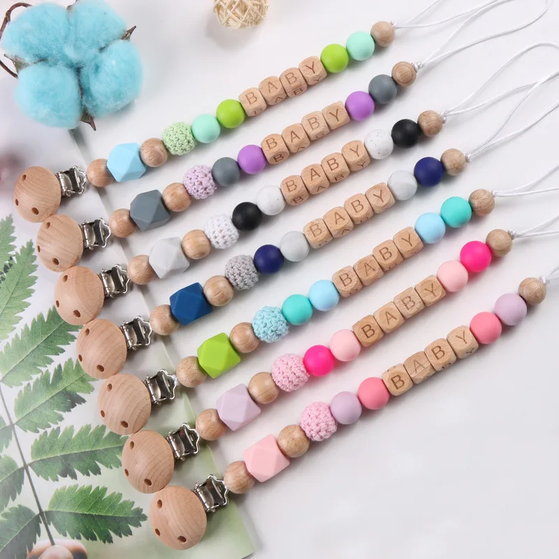 New Natural Beech Personalized Pacifier Clip Custom Baby Name Pacifier Chain Safe And Harmless Food Grade Silicone Baby Products