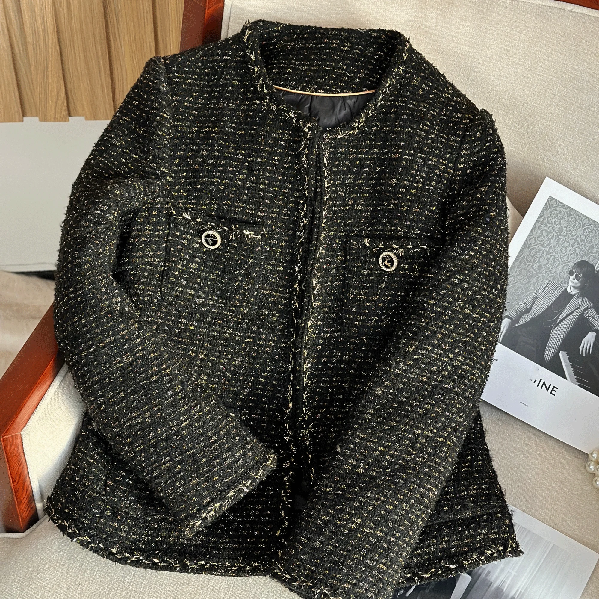   가을 겨울용 양모 트위드 안감이 있는 패셔너블한 헤비웨이트 퀼팅 다운 재킷 세트