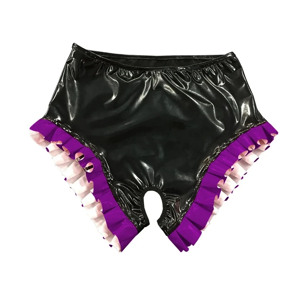 Colored PVC Leg Pleats with Open Sexy Triangle Shorts That Can Be Customized in Multiple Colors