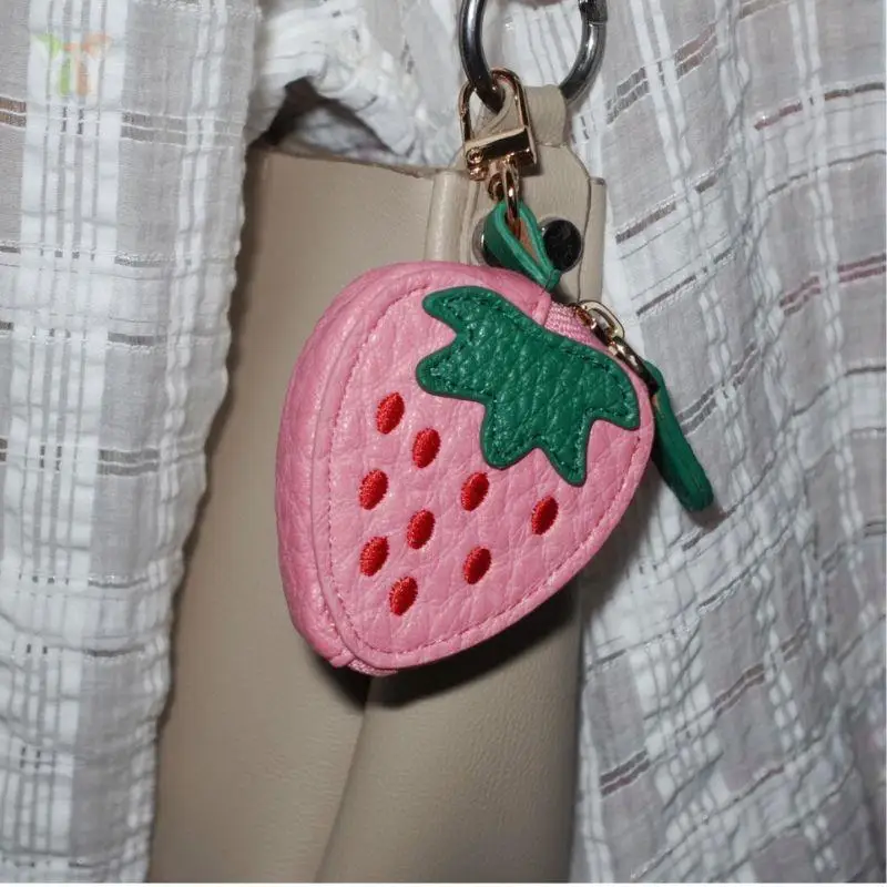 Charming Strawberry Mini Fruit Coin Purse Charm With Keychain Sweet Style Yellow Lemon Bag Charms Mini Pouch Wallet Key Chain