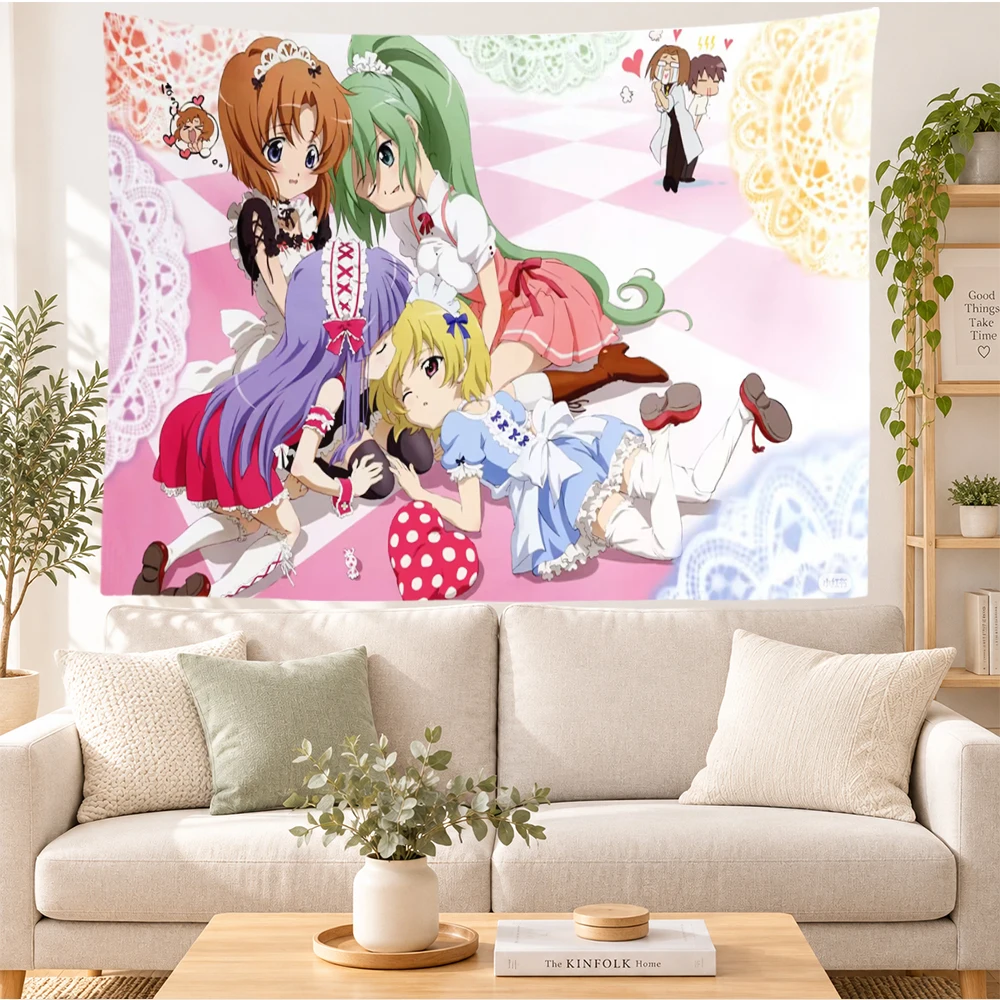 H-Higurashi When They Cry Tapestry Wall Hanging Kawaii Anime Girls Lolita Maid Pink Checkered Lace Bedroom Dorm Home Decor Fans