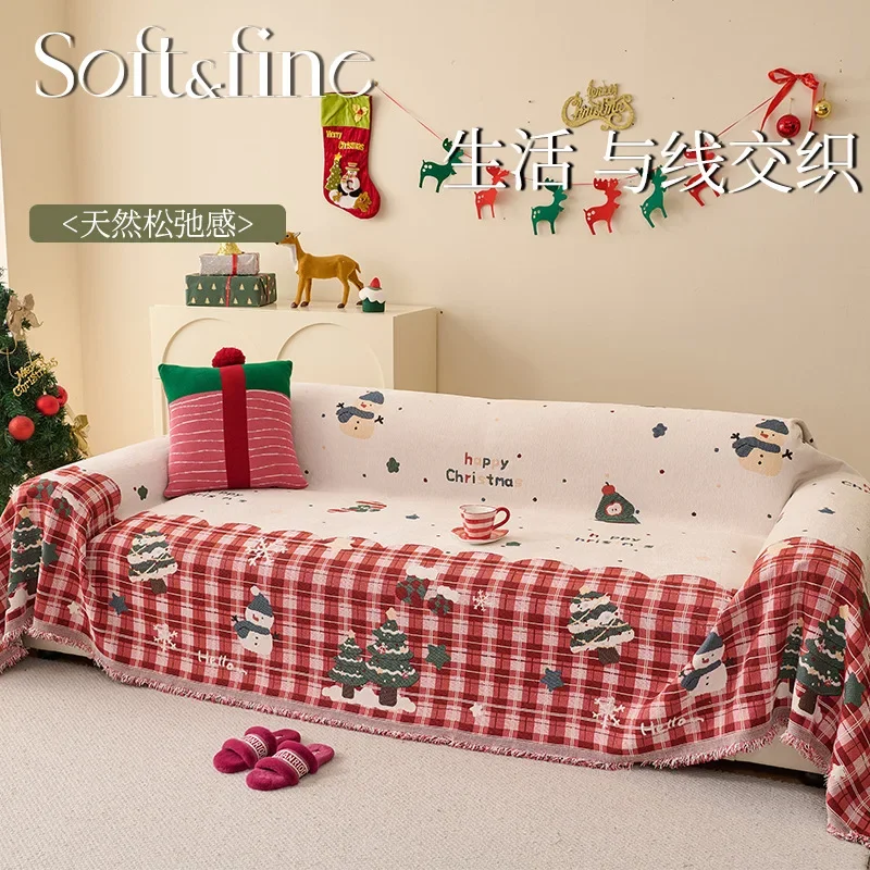 Christmas Chenille Sofa Blanket Santa Deer Printed Sofa Towel Universal Full Cover Dust-proof Anti-scratch L Couch Slipcover