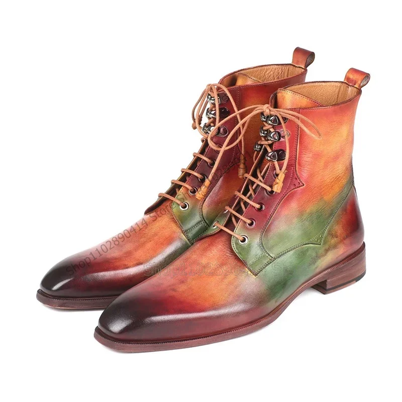 Kolorowe botki do połowy łydki z kwadratowym noskiem, wiązane, modne sznurowane buty męskie, luksusowe ręcznie robione buty męskie na przyjęcia, bankiety i uroczystości.