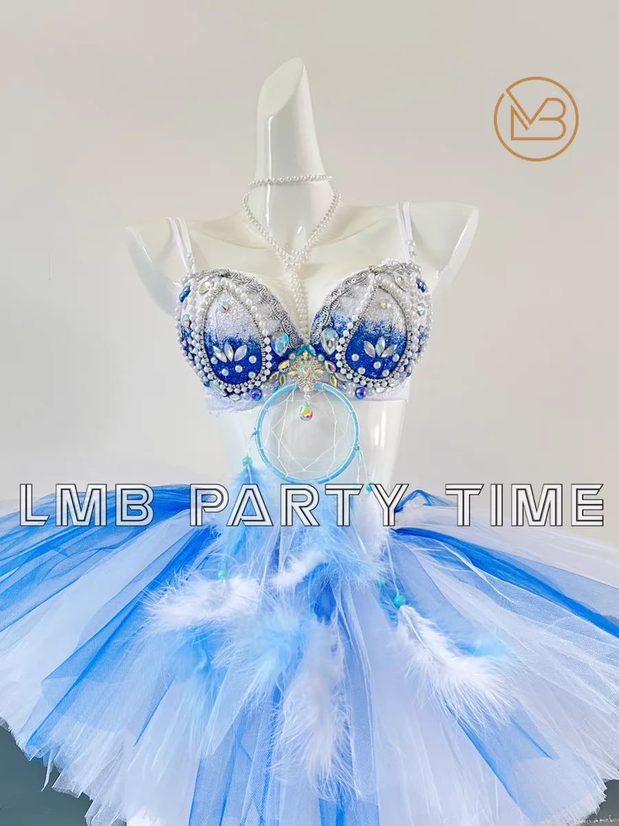 

Blue Diamond Set Pearl Mesh Dress Set Bar Nightclub DJ Female Singer Dance Team Sexy Stage Clothing Party Theme Show