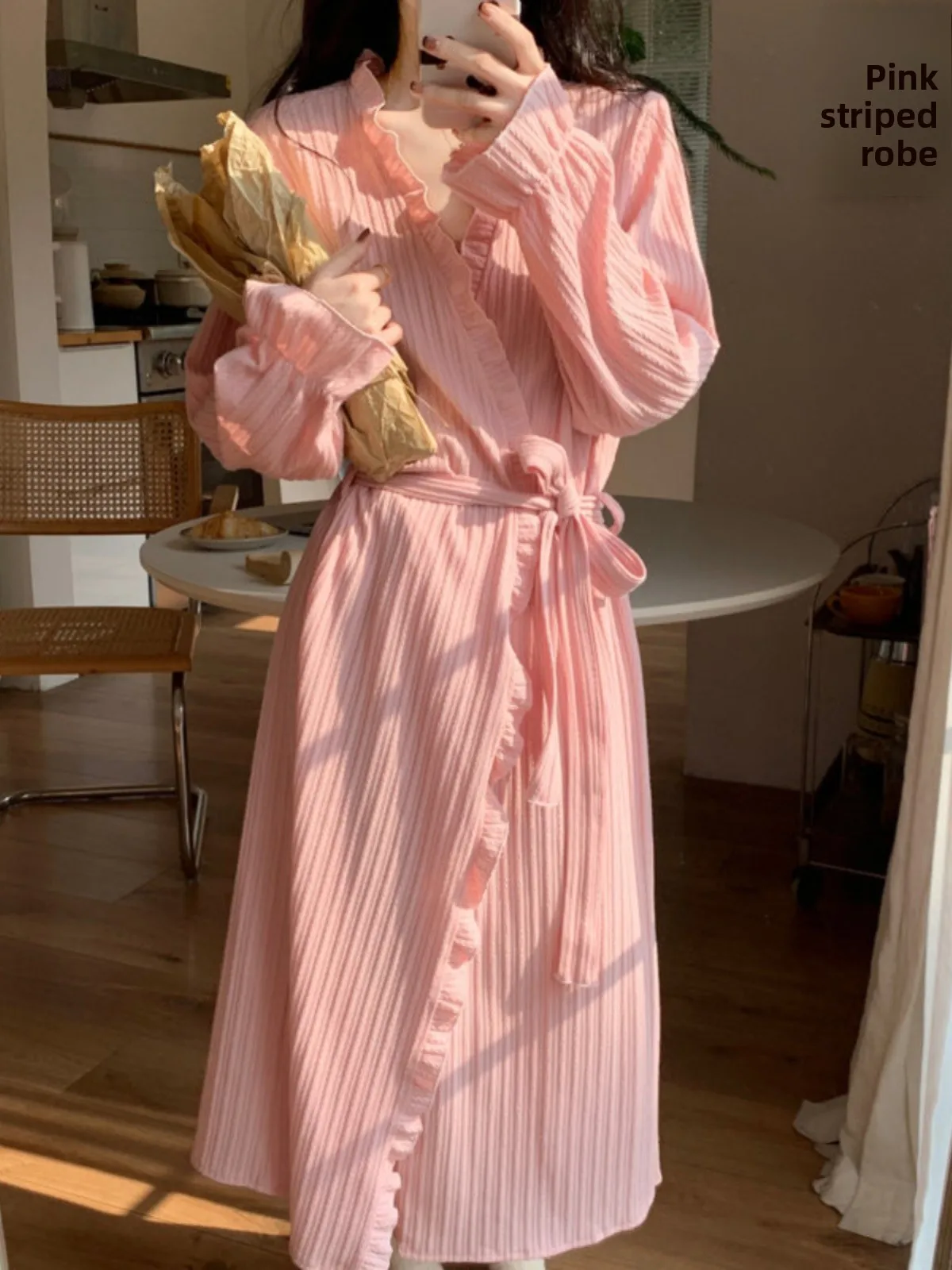 Cotton Robe Women's Long Belted Thin Summer Morning Home Clothes Sleepwear Sweet Japanese Style Knitted Polyester Cotton Blend