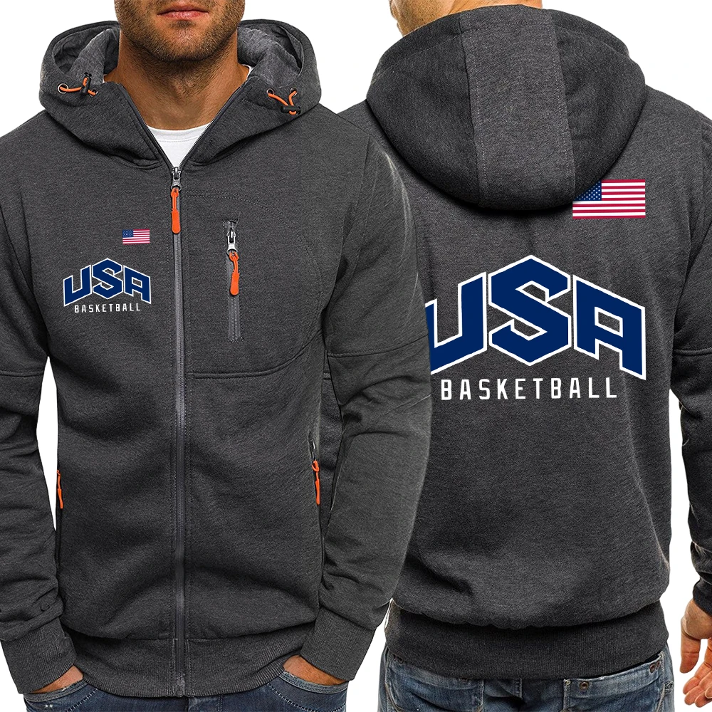 

Usa Basketball Game Print Men Zipper Coats Fashion Pocket Clothing Fleece Warm Retro Hoodies Unisex Autumn Casual Long Sleeve