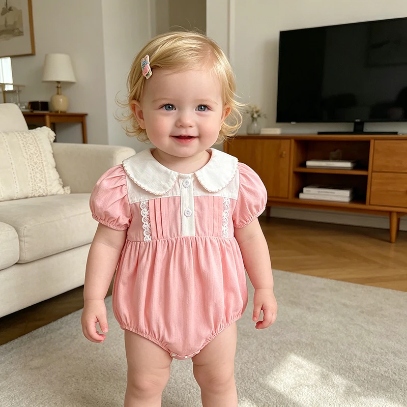 Neuer 0-24M Baby Mädchen Rundhals-Strampler Sommer Koreanische Version Rosa Kurzarm-Bodysuit Party Spitze Süßer Einteiler