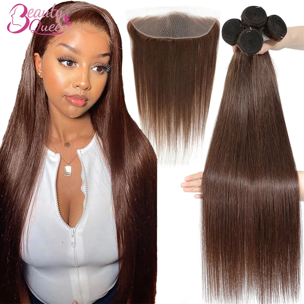 Mèches Brésiliennes Naturelles Lisses Brun Chocolat avec Closure, Cheveux Bruts, Tissage, 13x4, 12A