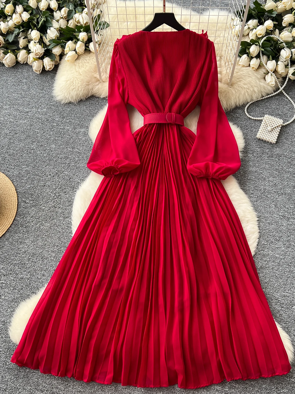 Retro Floral Lantern Sve Pleated Waist Cinching Long Dr Women's 2025 New Sle Slimming Ele Midi Skirt Korean Version