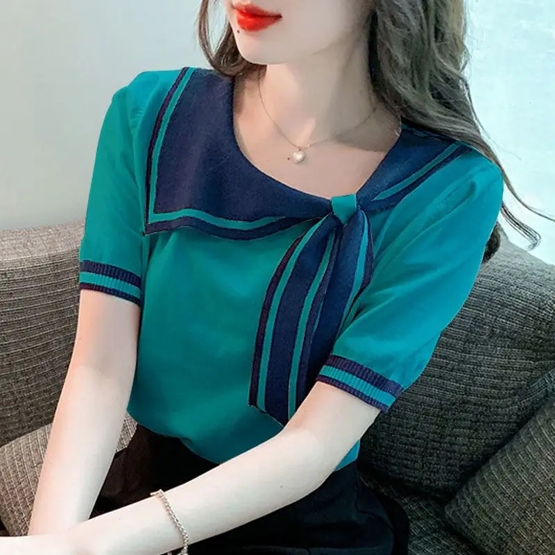 Ice Silk Preppy Style Short Sleeve T-Shirt Female 2024 New Summer Women\'s Trendy Chic Versatile Sweet Sailor Collar Top